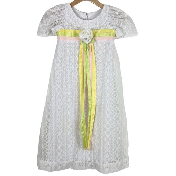 Vintage Childs Dress 4T Handmade Lace Ribbons White Short Sleeve FLAWED - Picture 1 of 6